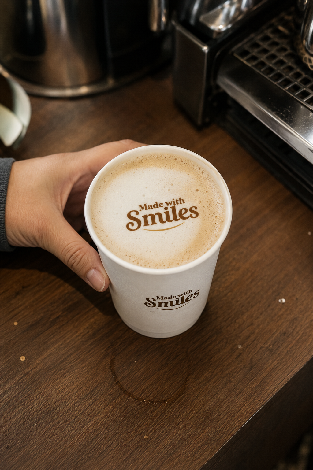Made with Smiles logo printed in the foam of a handcrafted latte